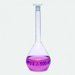 Volumetric flasks, borosilicate glass 3.3, class A, blue graduated, with PE stoppers, coated