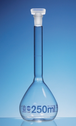 Slika Volumetric flasks, boro 3.3, class A, blue graduations, with PP stoppers, incl. USP individual certificate