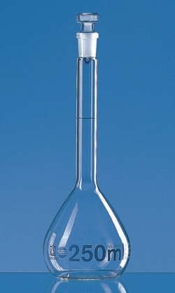 Slika Volumetric flasks, boro 3.3, class A, blue graduations, with glass stoppers, incl. ISO individual certificate