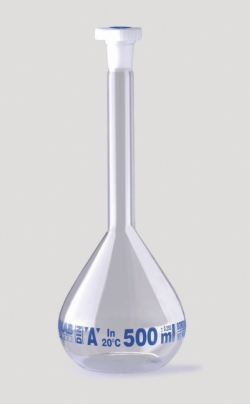 Slika Volumetric flasks, borosilicate glass 3.3, class A, blue graduated, with PE stoppers