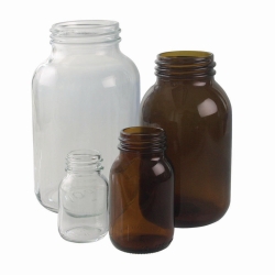 Wide-mouth bottles without closure, soda-lime glass, amber