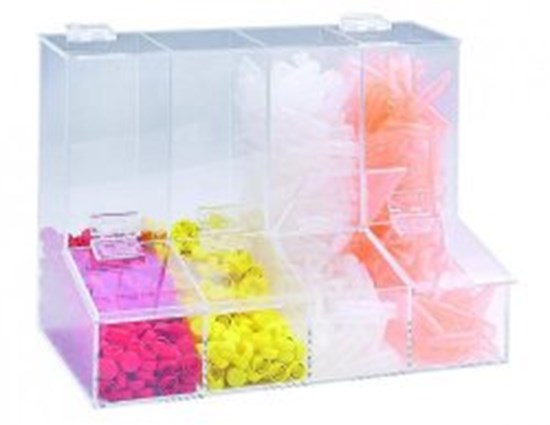 Acrylic-dispensing box with lid, 14x16x36,5mm, 2 well bottom,