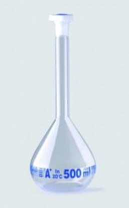 Slika Volumetric flasks, borosilicate glass 3.3, class A, blue graduated, with PE stoppers